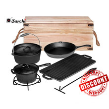 DISCOUNT Camping Cast iron cookware with wooden base